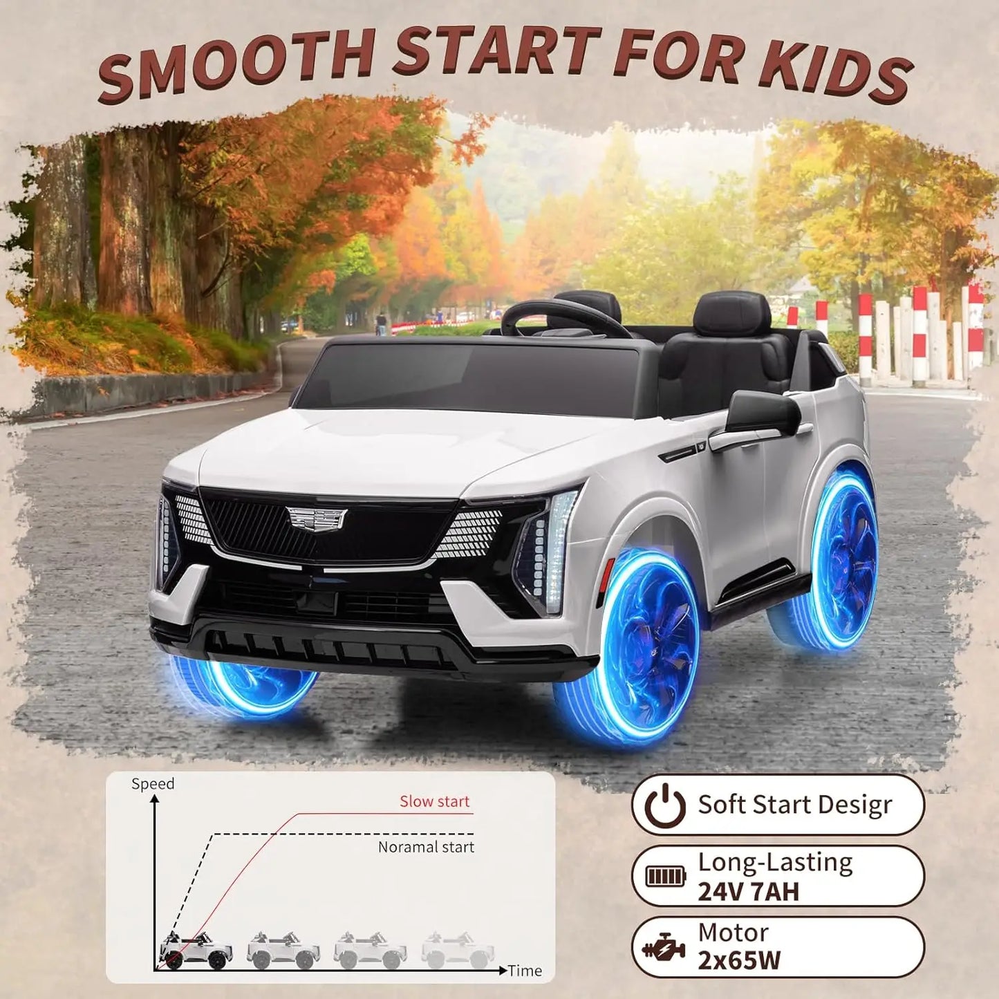 Coche eléctrico de 24 V con mando a distancia, 2 plazas, amortiguación en las 4 ruedas, arranque suave, luces led para niños