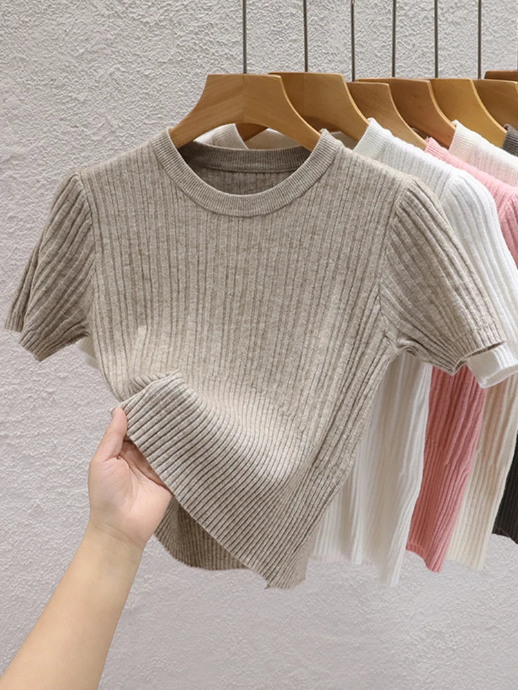 T-shirts d'été 2026 pour femmes – Décontractés, style coréen, tricotés, streetwear, basiques, unis, jeunes et tendance