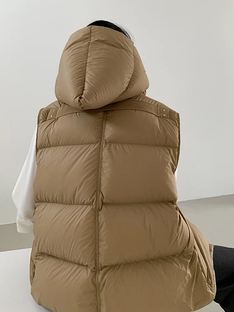 Doudoune Capuche 90% Duvet Canard Blanc Femme — Gilet Décontracté, Hiver 2024
