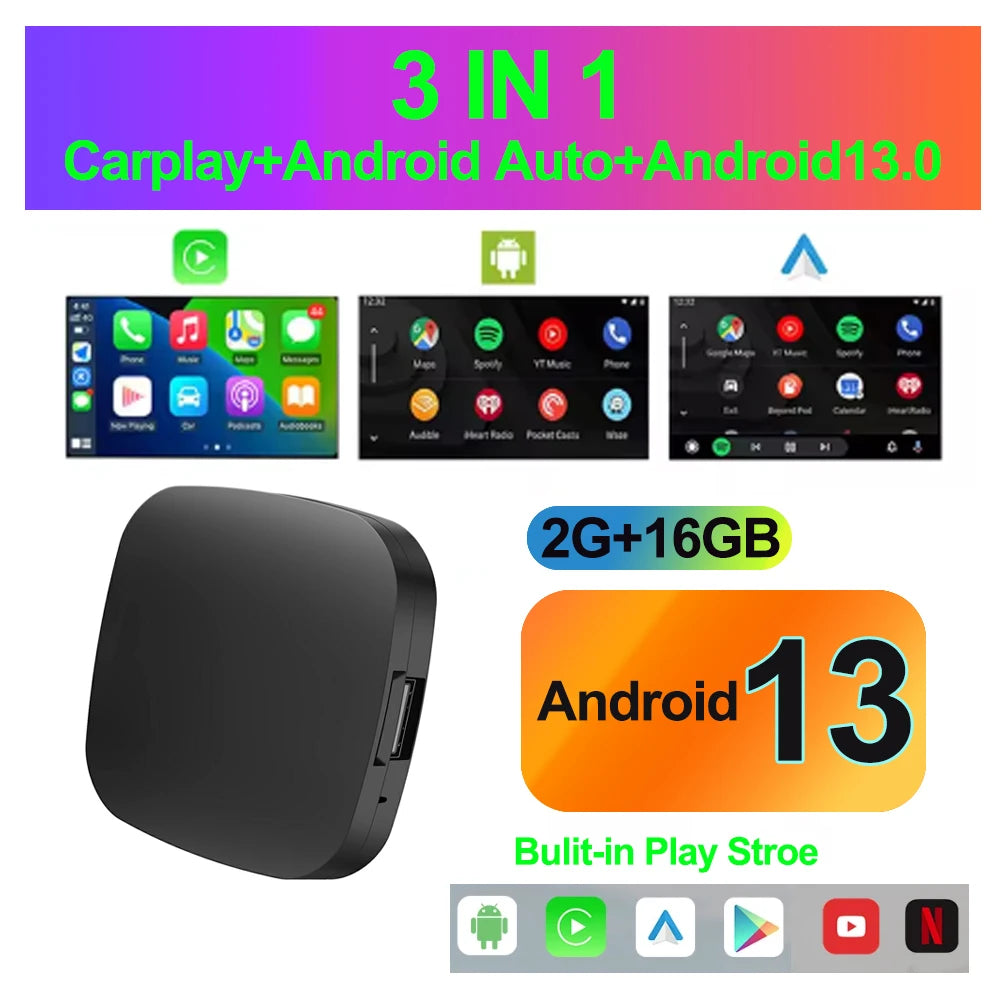 Adaptador inalámbrico 3 en 1, Android 13, AI Carplay, Android Auto, OEM, con cable a caja inalámbrica CarPlay, rápido, alérgico, prometedor Netflix