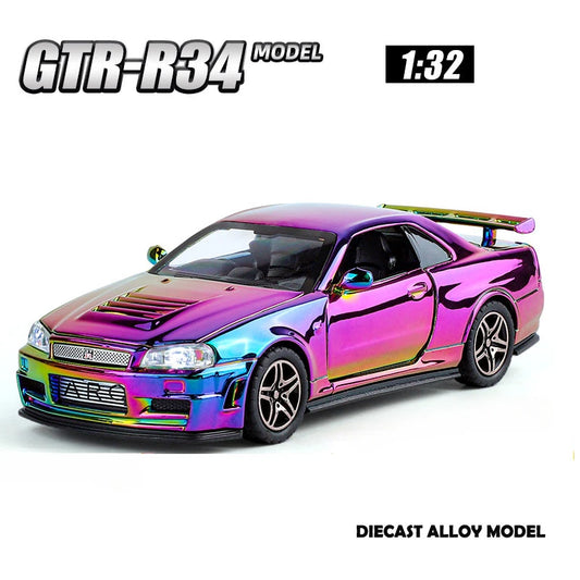 Nissan Skyline GTR-R34 - 1:32 Diecast Galvanized Sport Car Model with Sound and Light, Toy Vehicle Gift for Boys, Miniature Car