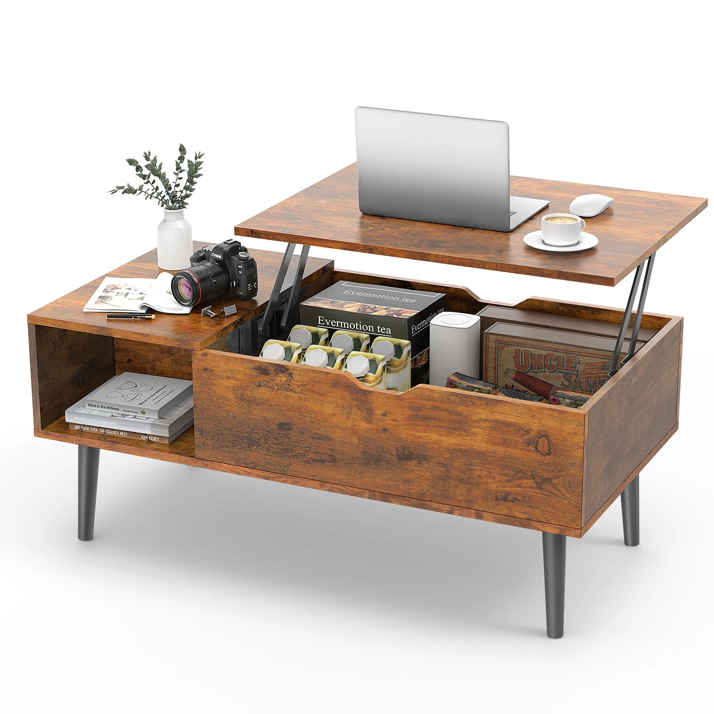 JHK Mesas de centro elevables para salón de 39.37"x 19.7" Mesa de comedor de madera, estante de almacenamiento ajustable, fácil de subir o bajar