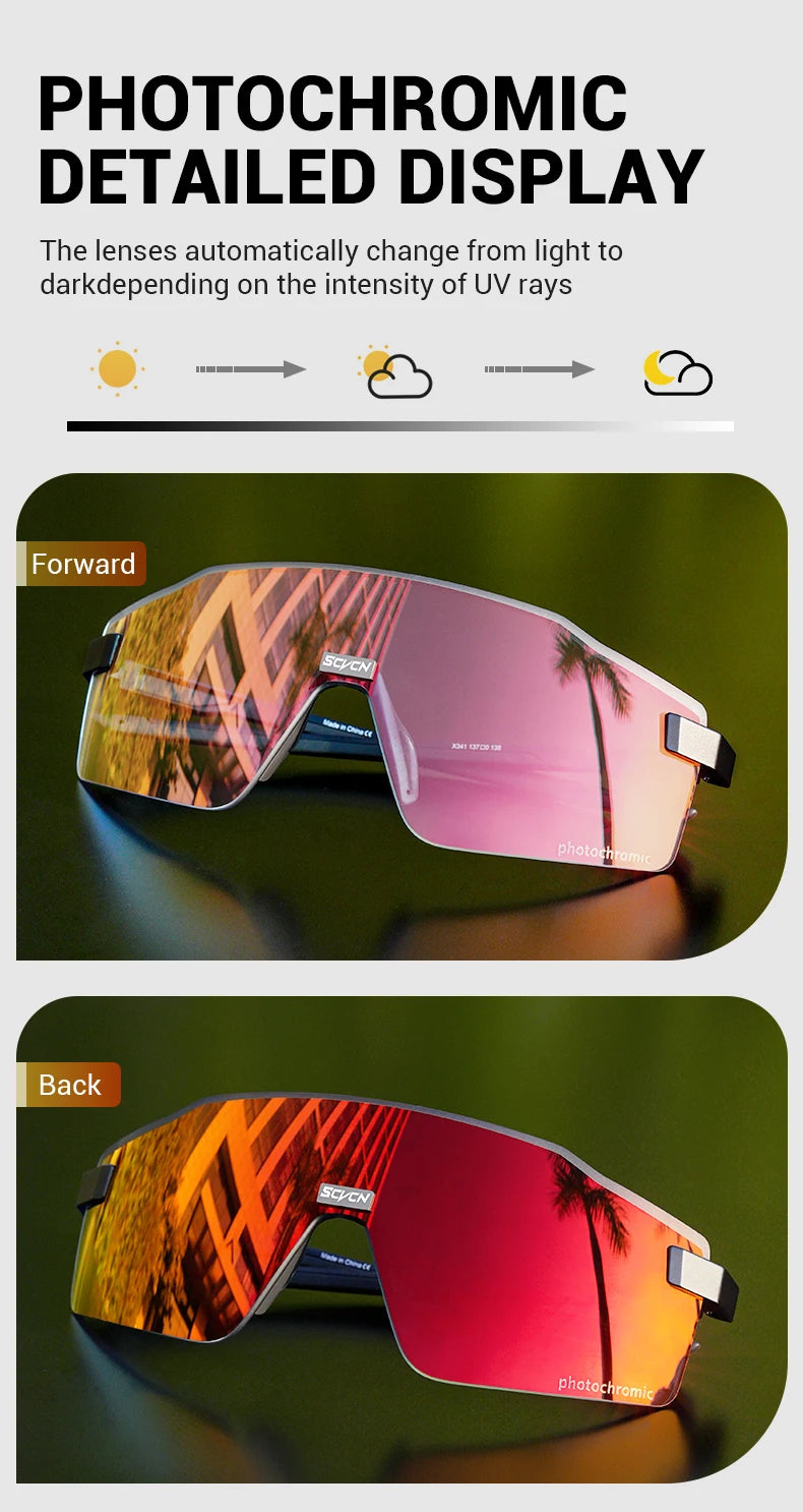 Lunettes de cyclisme photochromiques SCVCN pour hommes et femmes, lunettes de vélo de route et de VTT, lunettes de randonnée décontractées, coupe-vent