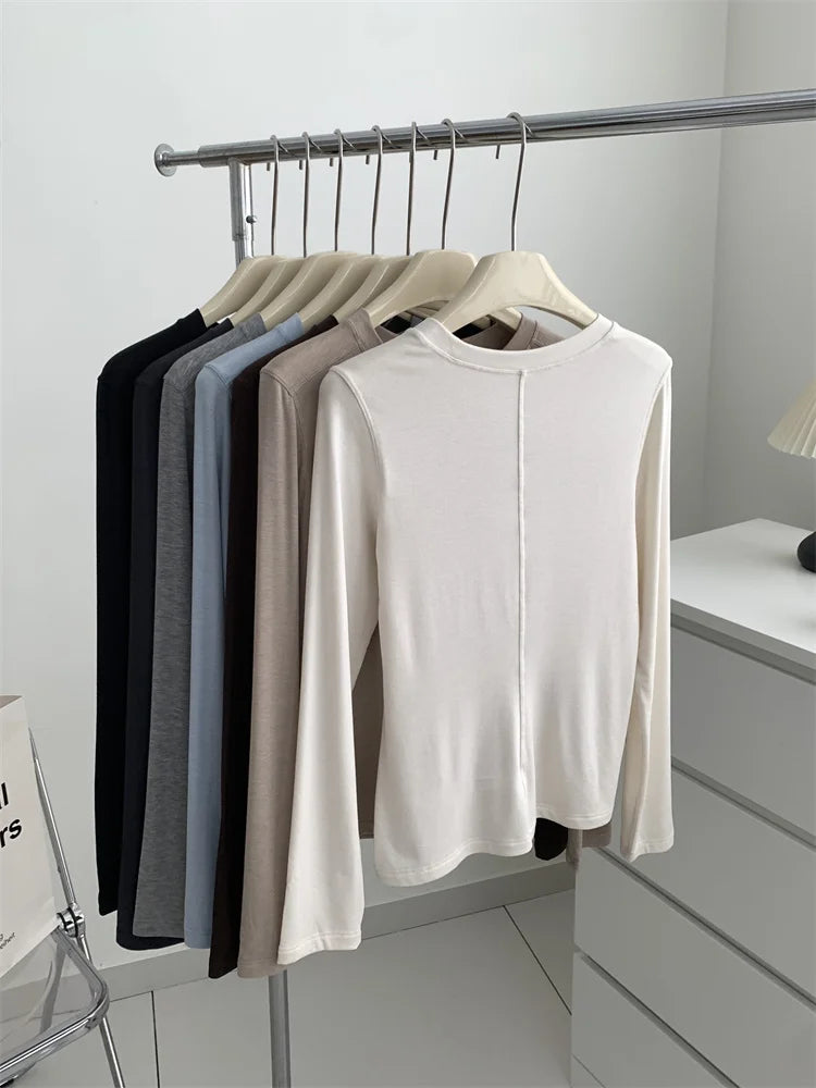 Camiseta de manga larga para mujer, de seda y lana empalmada, top fino, suave, ceroso, de color liso, para primavera y verano.