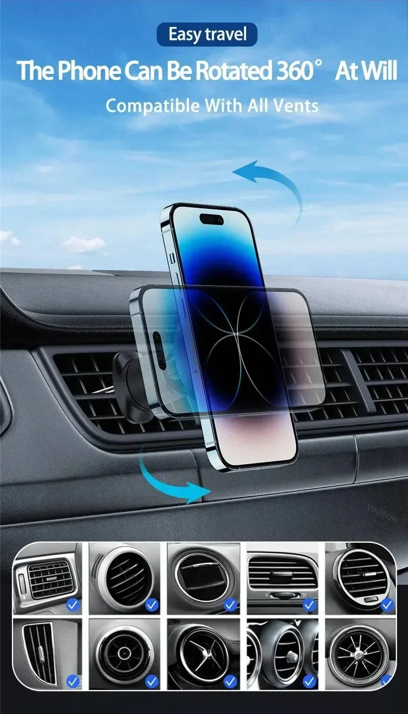 Chargeur de voiture magnétique sans fil — lumière LED, sortie d'air, support téléphone, charge rapide