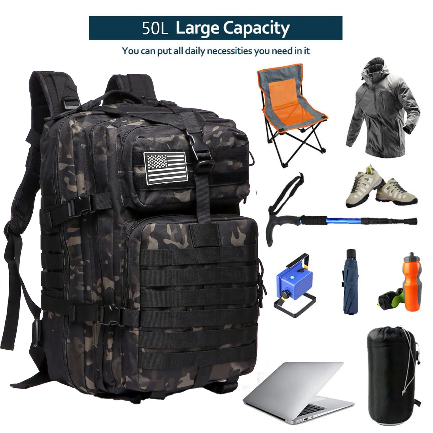 25L/50L robuste en Nylon imperméable à l'eau tactique sport Trekking pêche chasse Camping randonnée sac à dos sacs à dos en plein air
