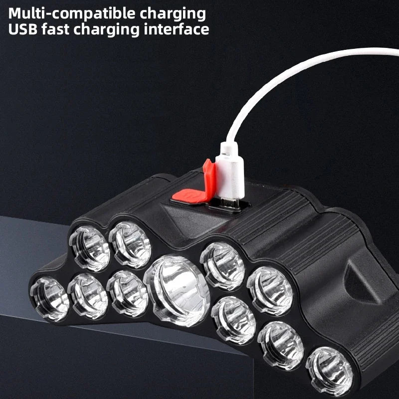 Lampe frontale puissante à 5/11 LED, batterie 18650 intégrée, Rechargeable par USB, lanterne pour Camping en plein air, pêche