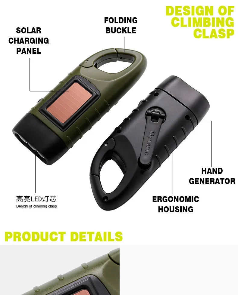 Lampe de poche LED à manivelle, équipement de survie Rechargeable à énergie solaire, torche de charge auto-alimentée, Dynamo pour pêche, bateau, randonnée