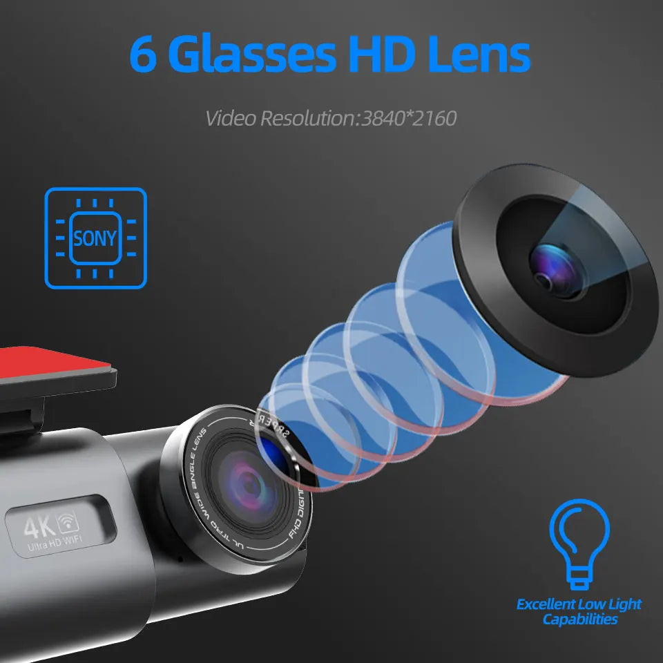 4K UHD Car Dash Cam, Night Vision DVR Video Recorder, Built-in Wi-Fi, 24H Parking GPS Support