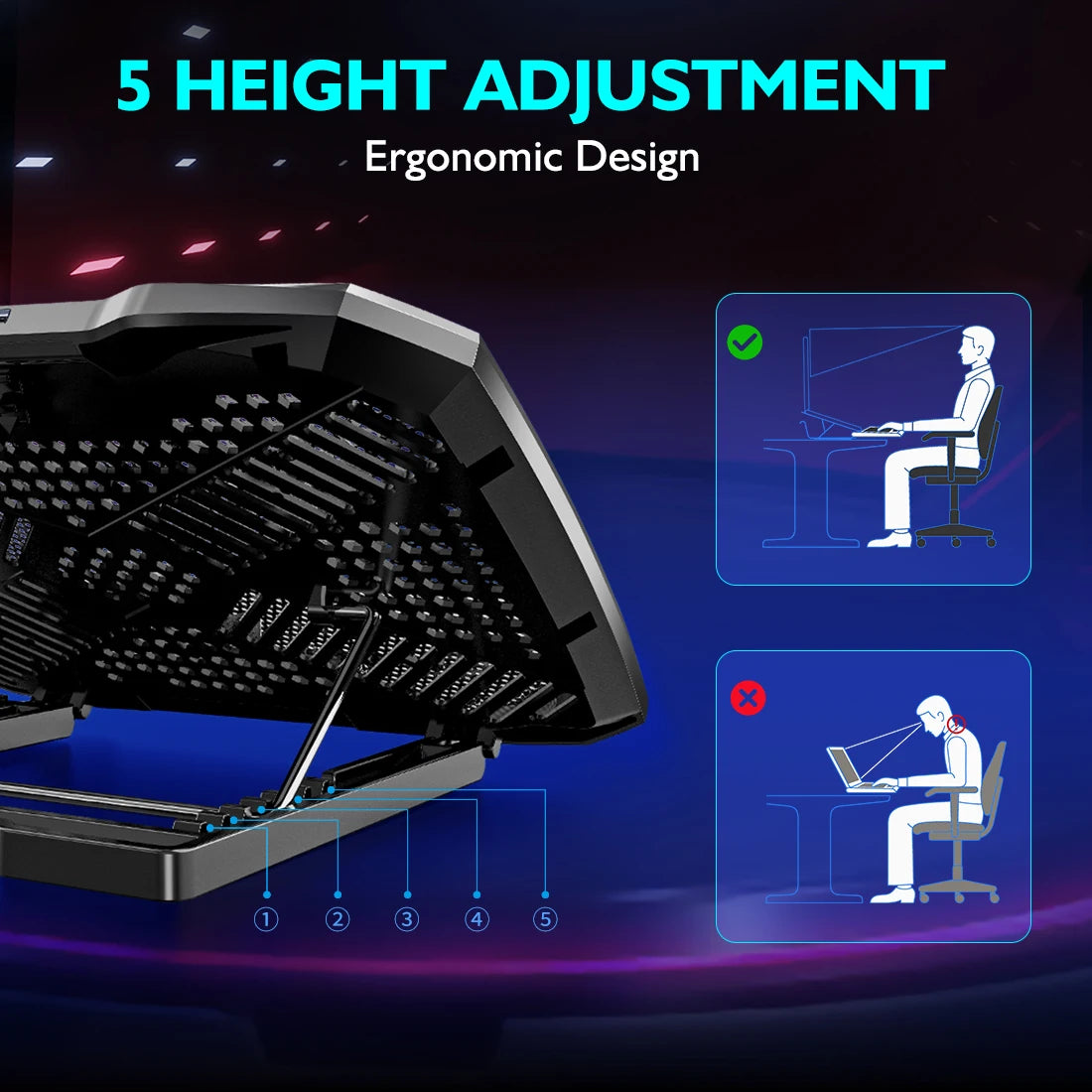 COOLCOLD Support de refroidissement pour ordinateur portable de 12 à 17 pouces, 5 ventilateurs silencieux, 5 angles réglables avec support pour téléphone