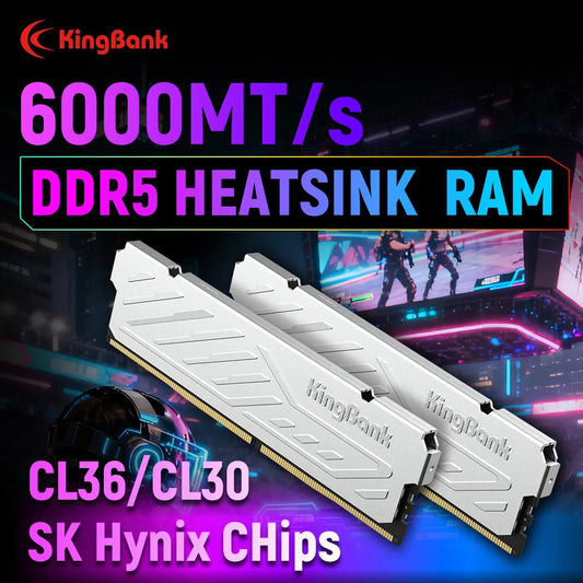Mémoire RAM DDR5 KingBank 8 Go / 8 Go x 2 / 16 Go x 2 6000 MHz pour ordinateur de bureau CL36/CL30 XMP 3.0/AMD EXPO avec dissipateur thermique argenté