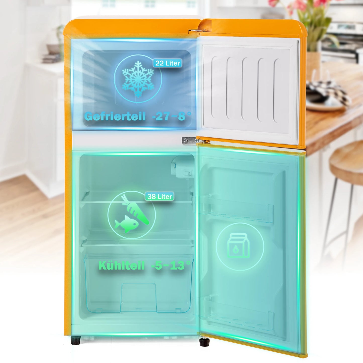 Combinaison réfrigérateur-congélateur rétro 45,5 cm de large, 2 portes 60 litres de volume total, volume de congélateur 22 litres. 102 KWh/année,