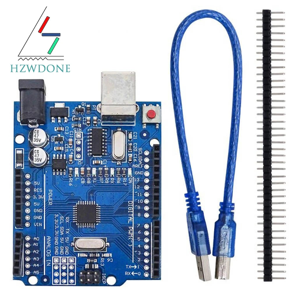 Carte de développement UN0 R3 ATmega328P avec en-tête de broche et câble Compatible avec les projets Arduino IDE