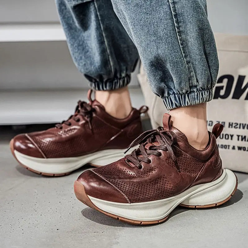 Men's Retro Winter Sneakers, British Style Luxury Casual Leather Shoes, Lightweight, for Outdoor Leisure, New Collection 2025