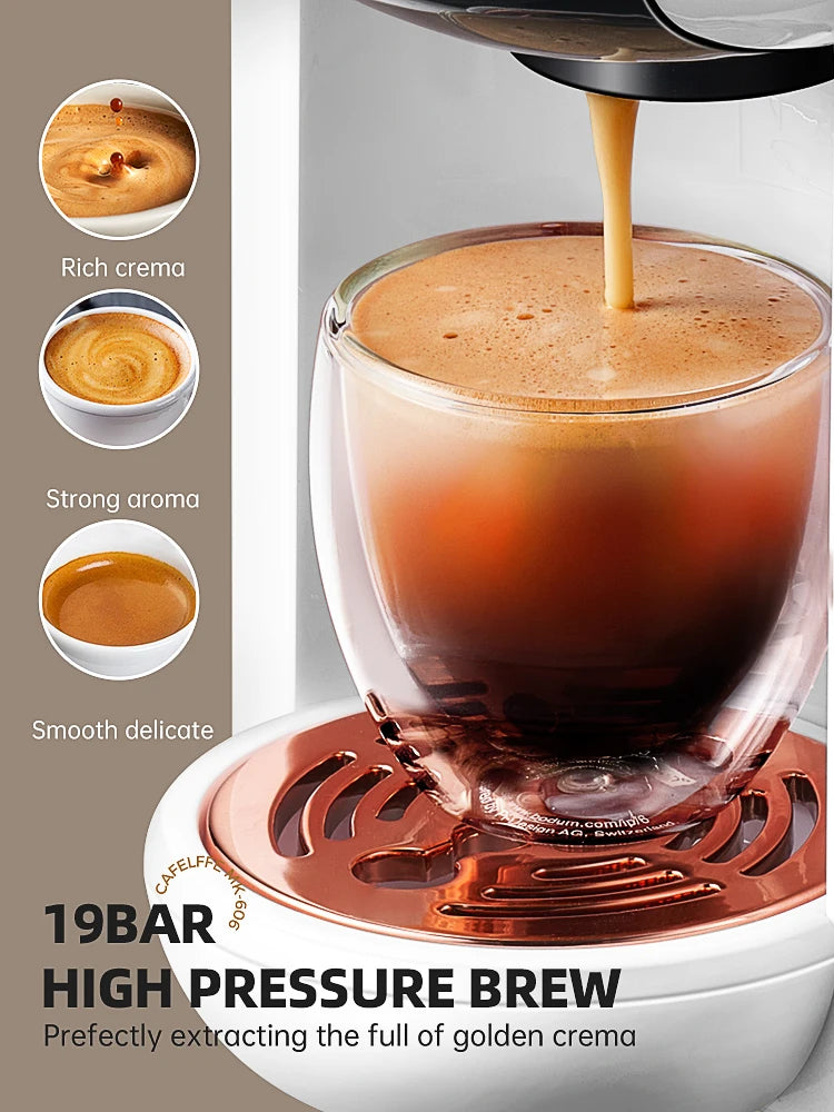 Cafelffe - 5-in-1 Coffee Machine, compatible with Dolce Gusto a.net, ESE pod, ground coffee, K-cup, 19 bar, hot/cold, gift