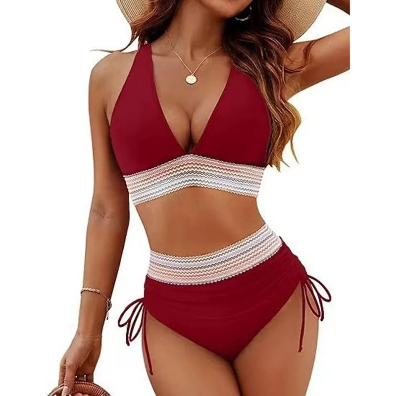 Ensemble de maillot de bain bikini sexy à col en V profond pour femme, collection été 2026, avec coussinets de poitrine, taille haute et cordon de serrage, style triangle