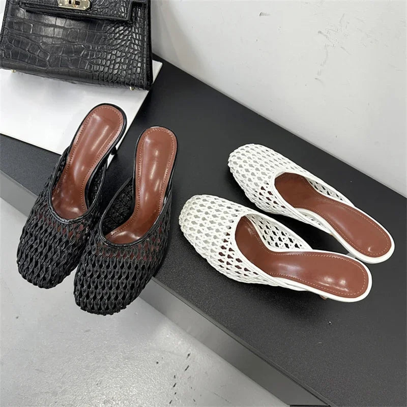 Aneikeh Fashion Square Toe Hollow Out Mules Pumps Summer Stilettos Women Slippers Breathable Mesh Sandals Femme Shoes