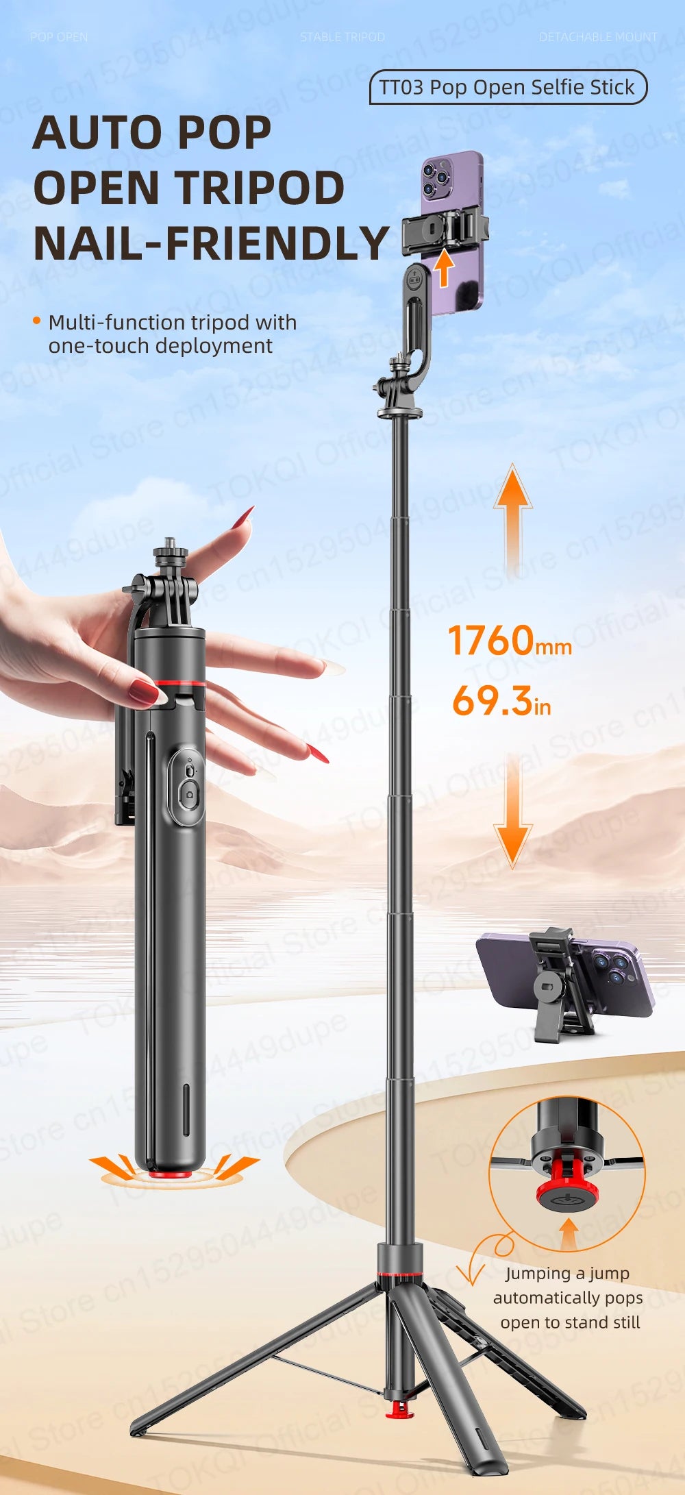 TOKQI TT03 — Perche à Selfie Extensible 1.76m Ouverture Auto Télécommande Magnétique