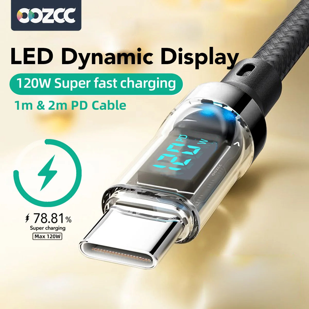 OOZCC Cable de pantalla LCD Watt, transferencia de datos de cable USB tipo C de carga ultrarrápida máxima de 120 W, USB A a Lightning para IPhone14 Pro