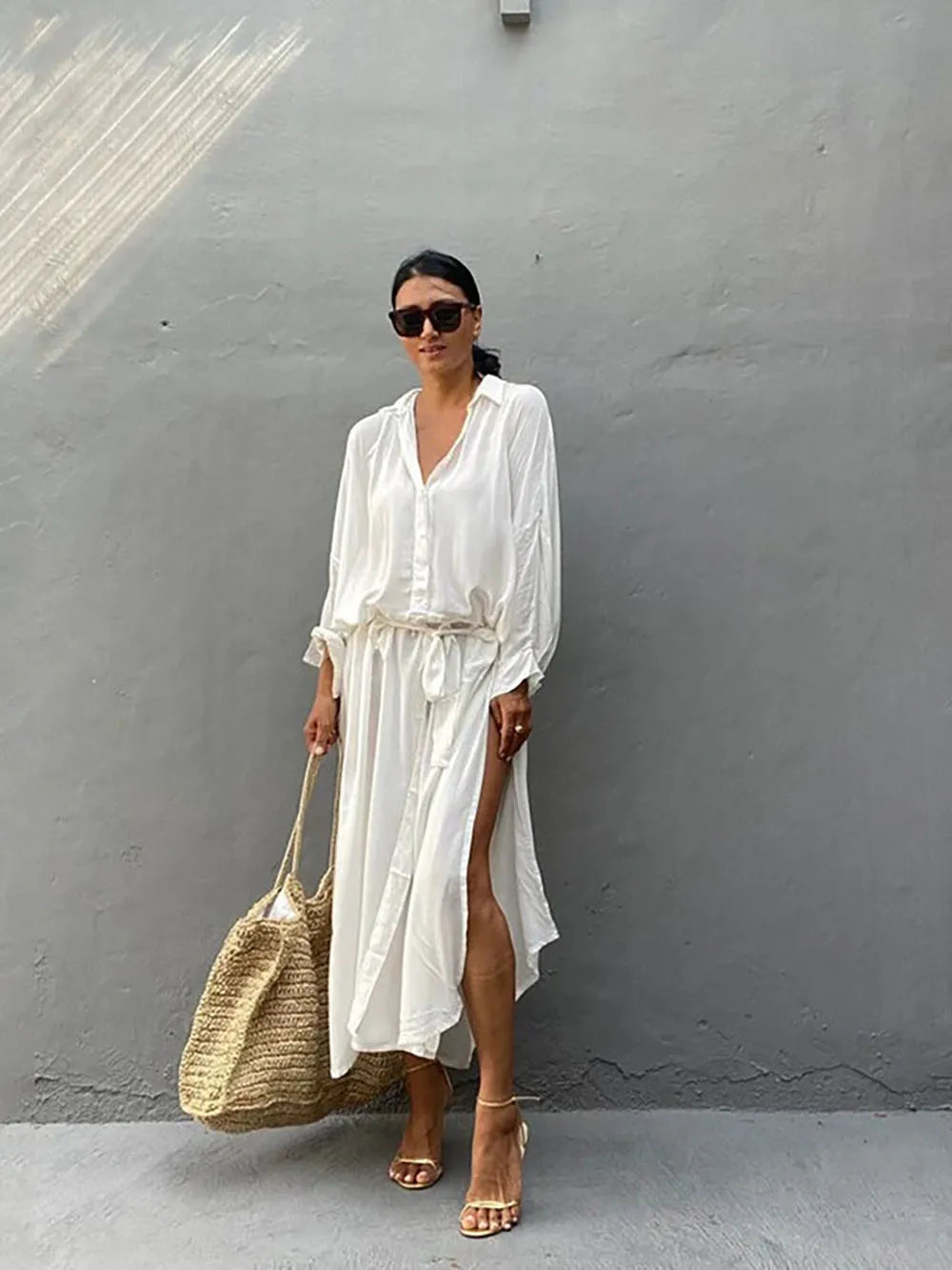 Robe de plage tunique cache-maillot pour femme 2026, en coton blanc uni, col montant, paréo, tenue de plage