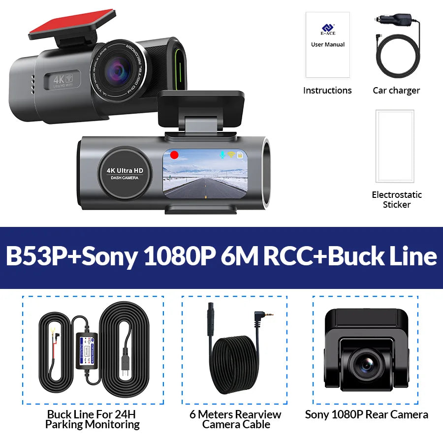 4K UHD Car Dash Cam, Night Vision DVR Video Recorder, Built-in Wi-Fi, 24H Parking GPS Support