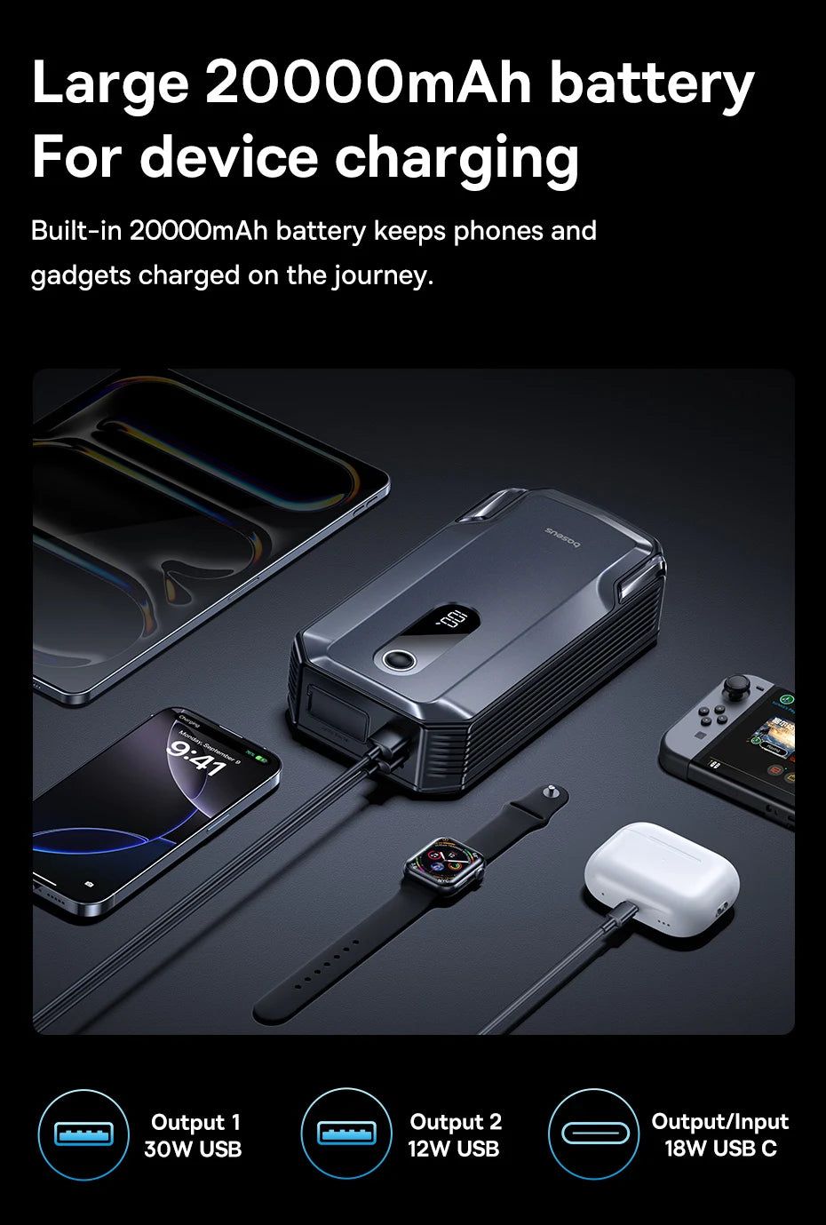 Baseus 20000mAh démarreur de saut de voiture batterie externe 2000A 20000mAh chargeur de batterie de voiture Auto Booster d'urgence dispositif de démarrage démarrage de saut