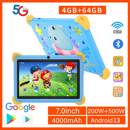 Tablette pour enfants de 7 pouces 5G avec motif de dessin animé, PC d'apprentissage et d'éducation Android avec étui à l'épreuve des enfants, tablette 4000mAh