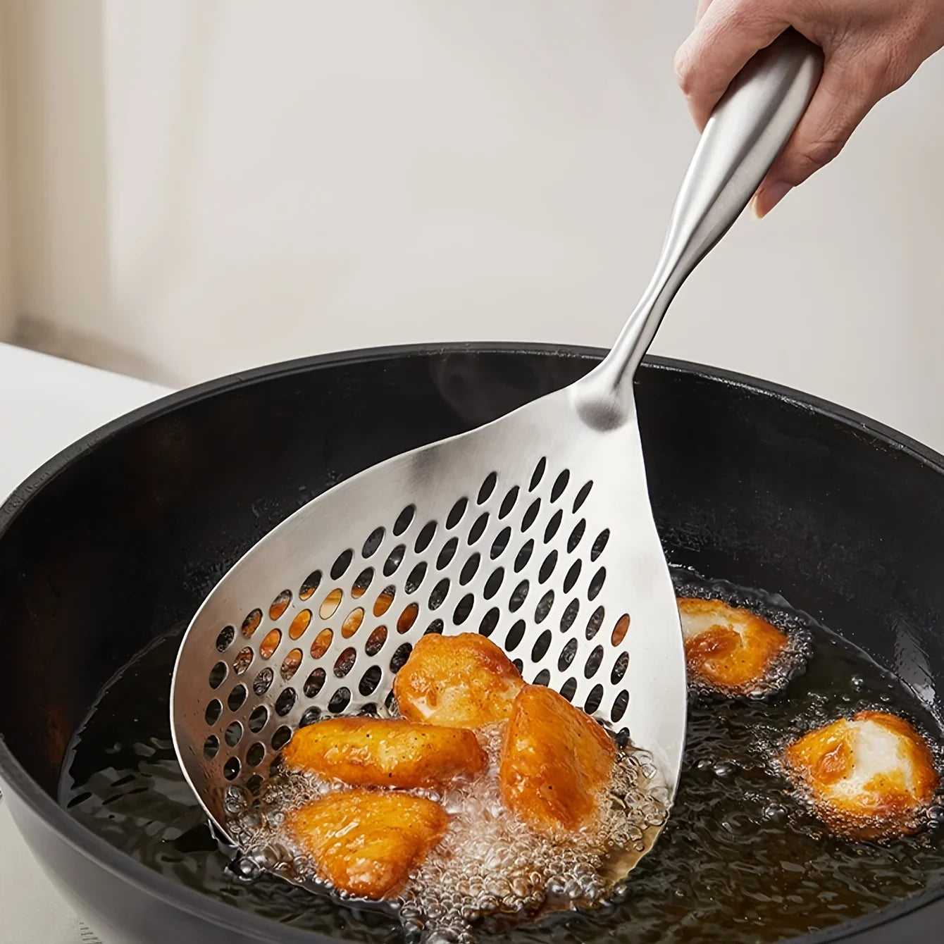 Cuchara colador de acero inoxidable duradera, cuchara colador de alimentos resistente para freír y cocinar, utensilios de cocina 1 pieza