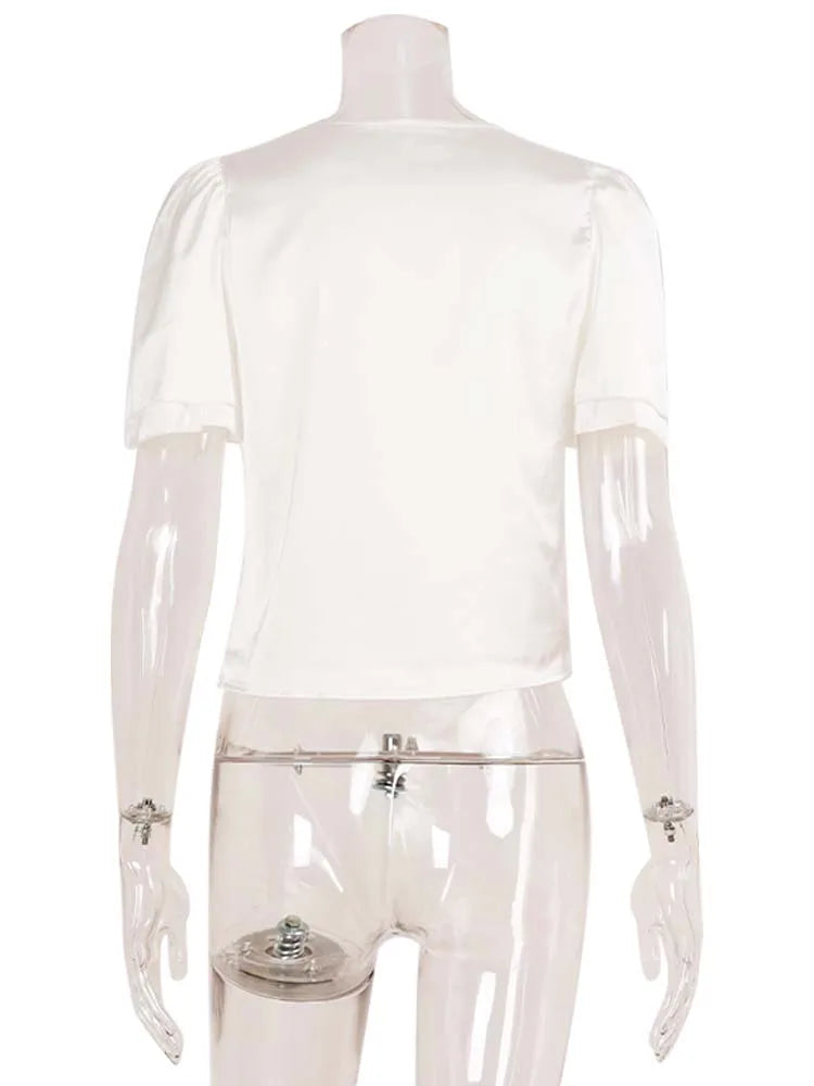 Ahagaga décontracté haut pour femme solide dentelle col manches courtes Satin mince bouton régulier Eelgant Streetwear t-shirts femme basique t-shirts