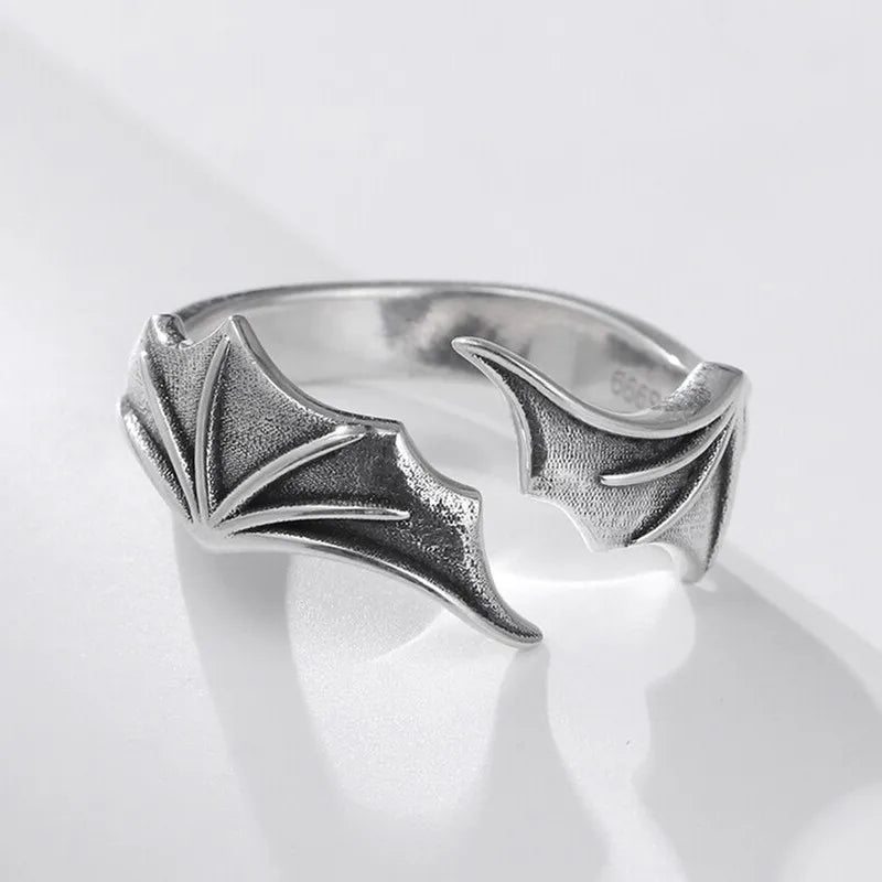 2Pcs Vintage Rings for Men Women Bat Wing Demon Eye Hip Hop Adjustable Retro Silver Color Daily Party Jewelry
