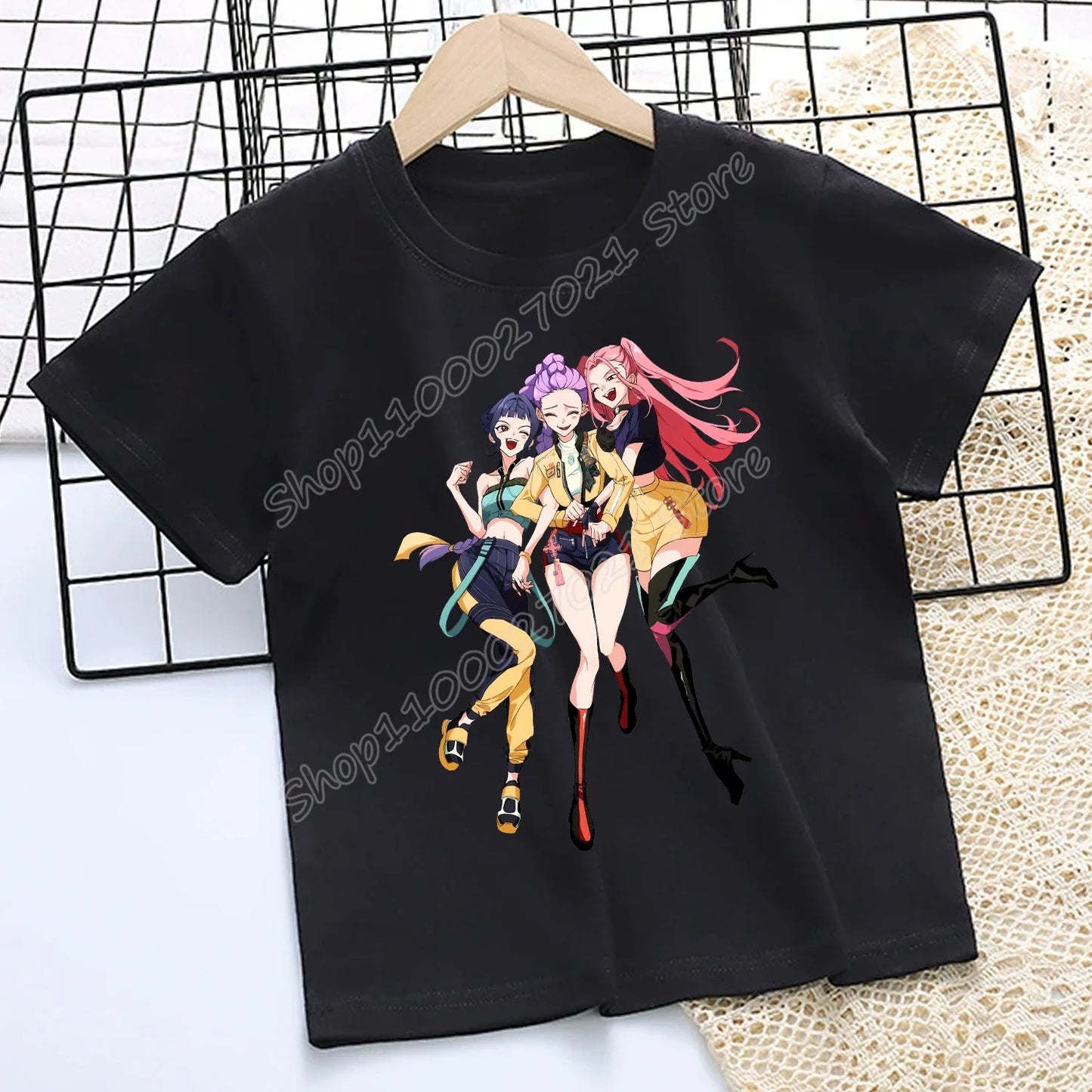 Camiseta de K-Pop Demon Hunters para niños, camiseta negra de dibujos animados para niñas, cuello redondo, ropa de manga corta