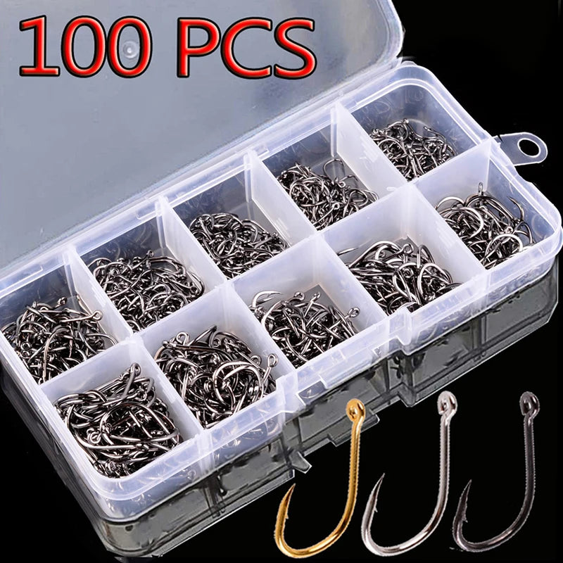 Ensemble d'Hameçons Pêche 100 Pièces — Acier Haute Teneur Carbone, Cercle Barbelé, Carpe, Mouche