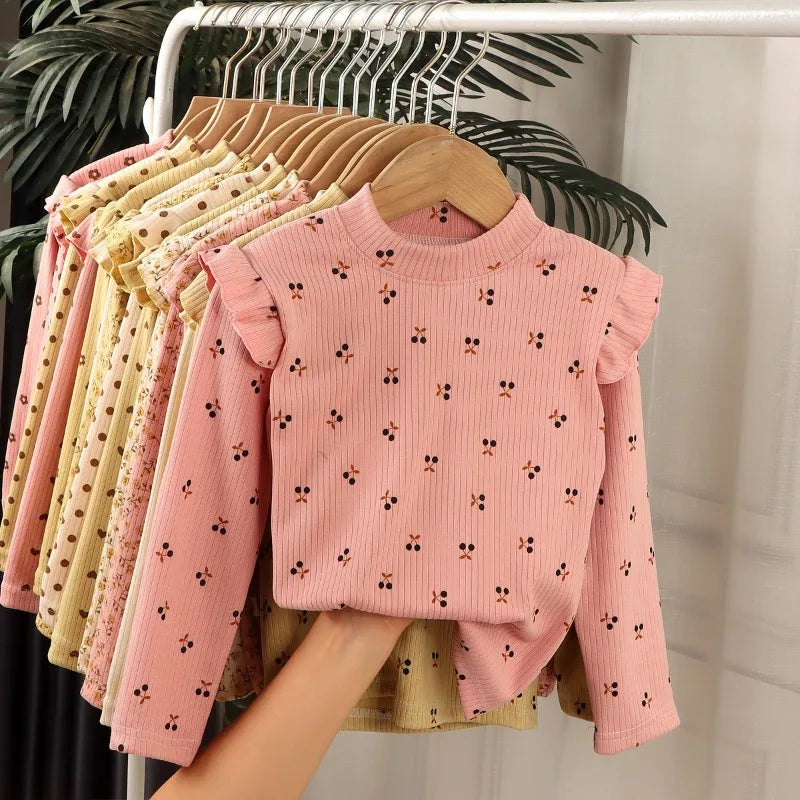 Kids Long Sleeve Undershirt, Cute Floral Polka Dot T-shirt, Soft Y-Shirt for Kids, Boys and Girls, 2-10T