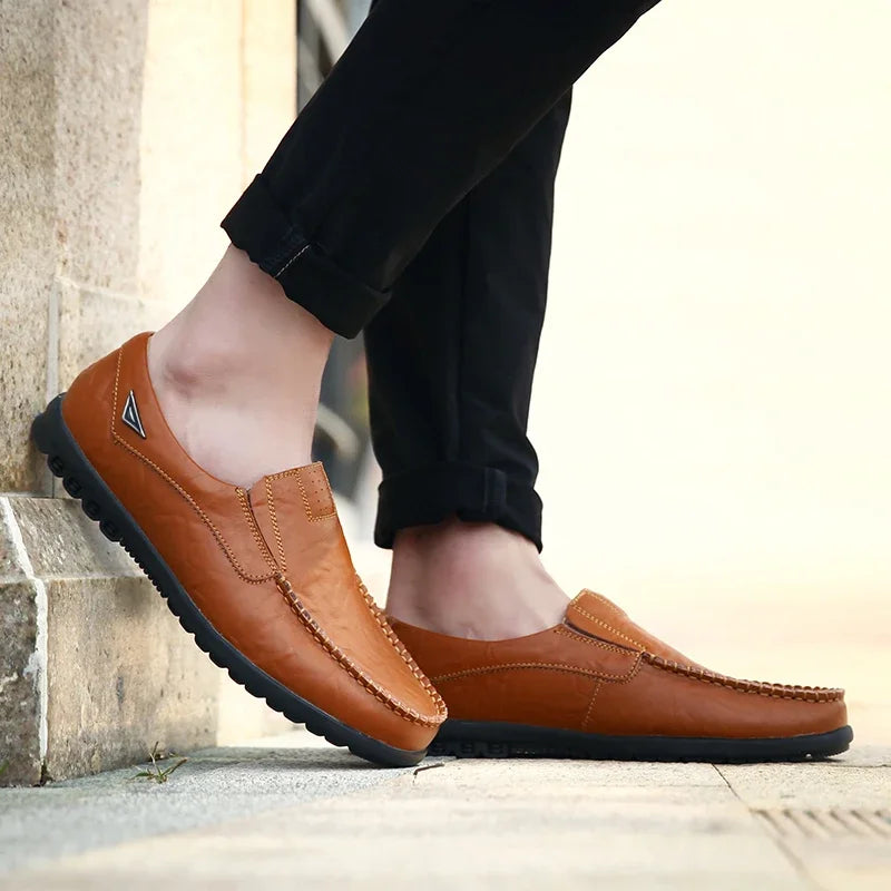 Men's Genuine Leather Casual Breathable Slip-On Black Driving Shoes, Plus Size 46, 2023