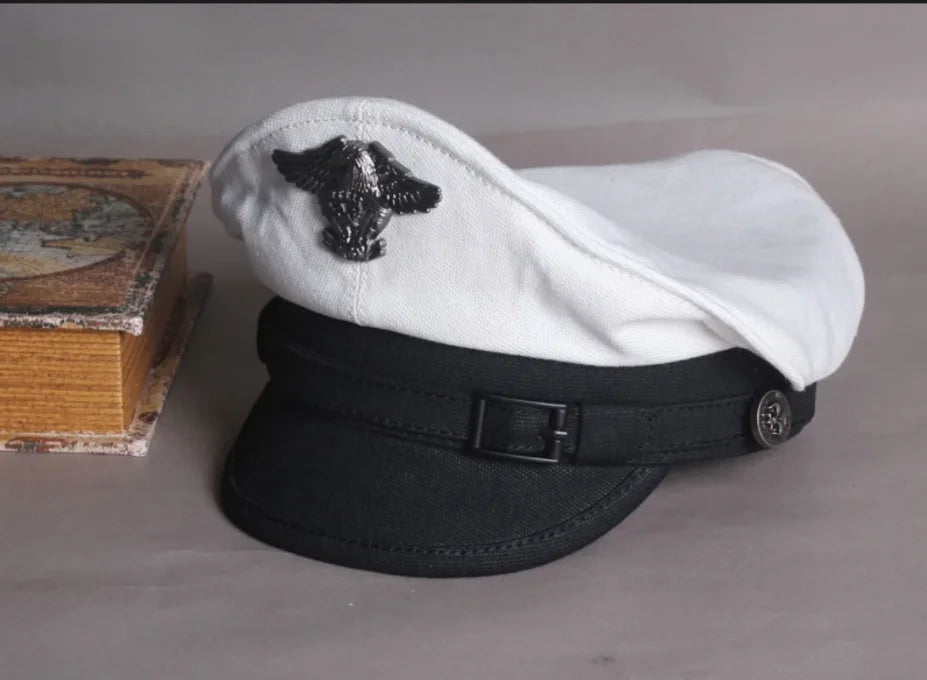 Retro Sailor Visor Cap for Men and Women, Canvas Spring Military Hat, Gray Eagle Belt, Locomotive Cap, 2024