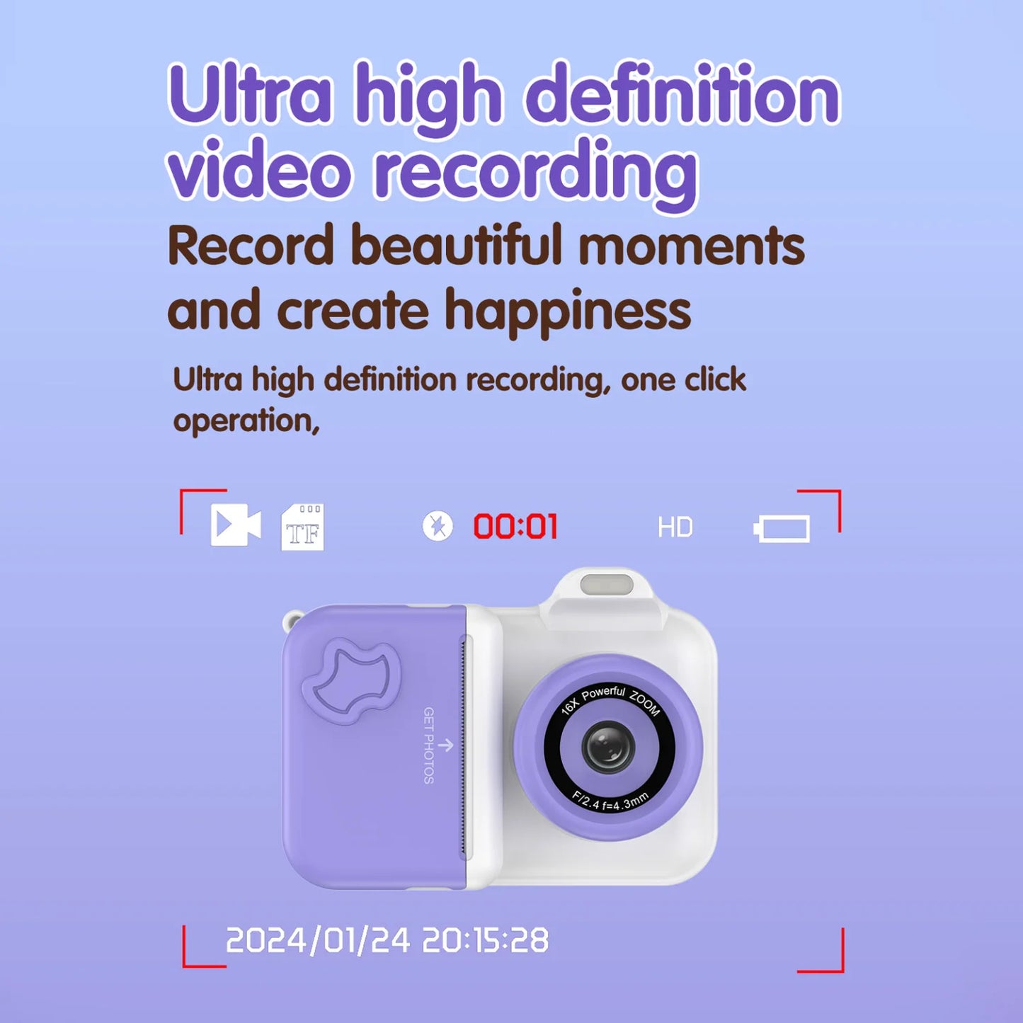 Appareil photo numérique à impression instantanée pour enfants, stylos à documents pour enfants, papier d'impression thermique, jouets cadeaux de Noël pour garçons et filles, 32G