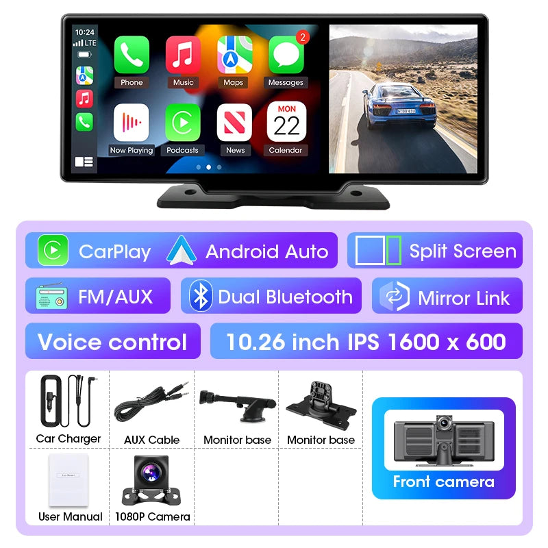 10/11.26 pulgadas Dash Cam 4K coche DVR inalámbrico Carplay y Android Auto GPS Navegación grabadora de vídeo de salpicadero doble lente Wifi FM AUX