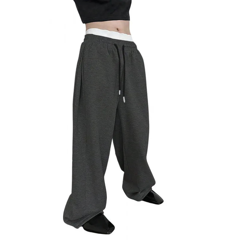 Men's Solid Color Sanitary Pants, Straight Waist with Drawstring, Wide Leg, Loose Fit with Pockets, Versatile Sport Pants, 2025