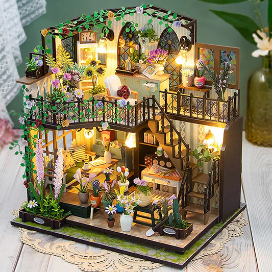 Wooden Dollhouse, Garden Model, 3D Puzzle, Assemble Building Kits, Toys, Bedroom Decor with LED Lights, Dollhouse Gift, DIY