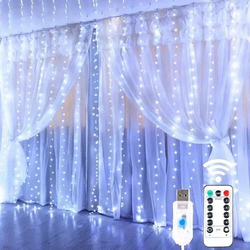 Cortina de luces LED con control remoto USB, 8 modos, decoración navideña para el hogar, vacaciones, Año Nuevo