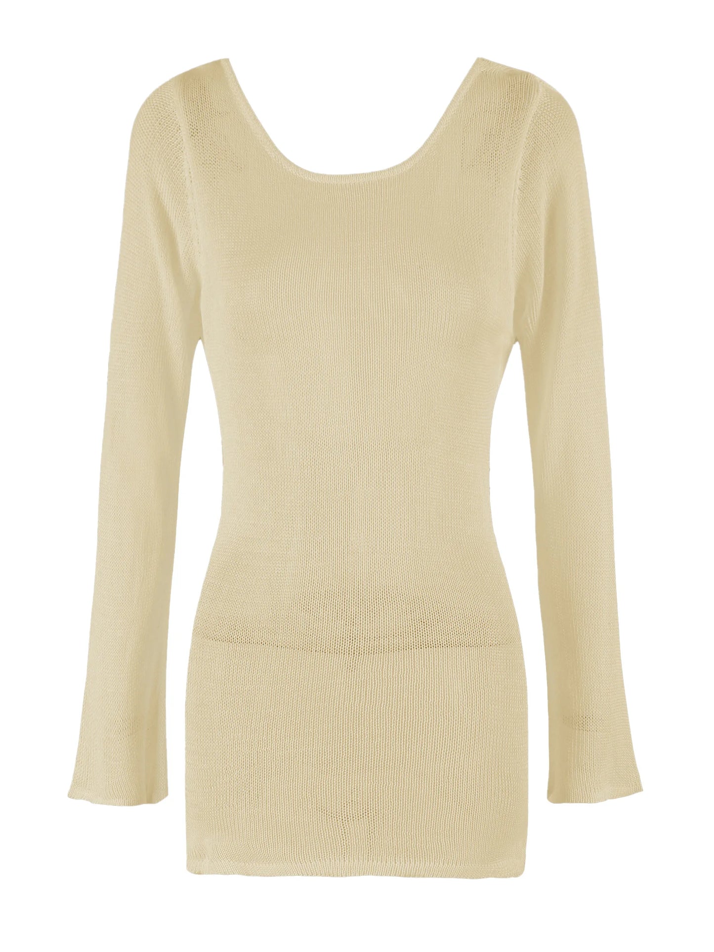 Robe de plage en tricot transparent pour femmes, dos nu, manches cloche, couleur unie, coverups de bain, élégante, col rond, mini, été, 2025, K98