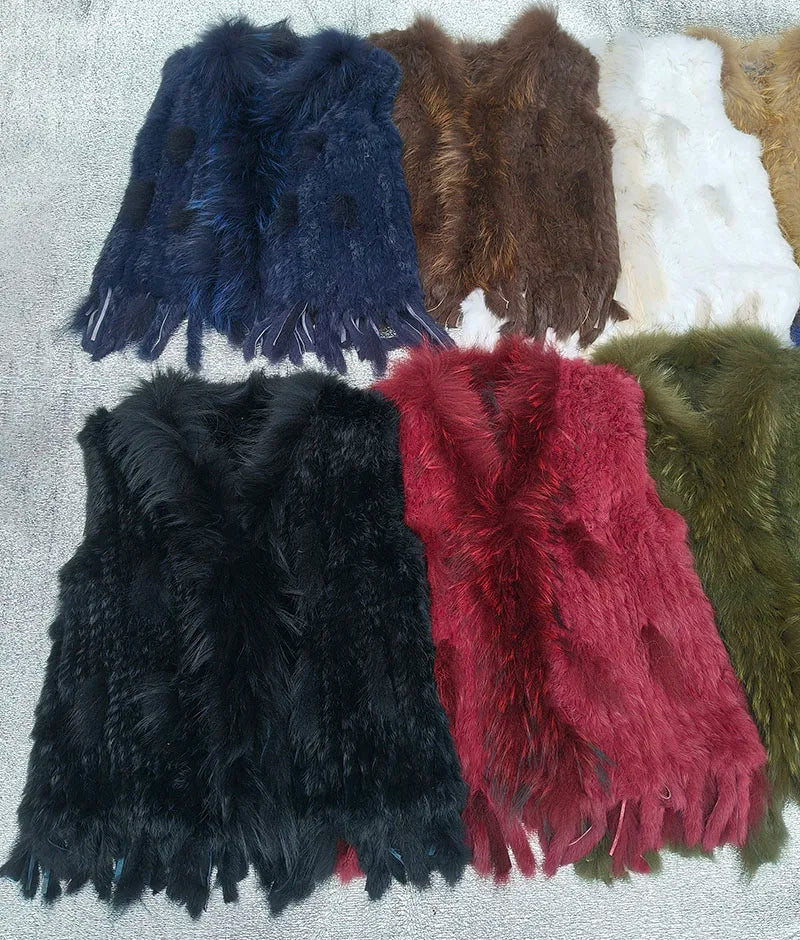 Gilet tricoté en vraie fourrure de lapin naturelle avec pompon, Gilet chaud sans manches pour femmes, avec garniture en vraie fourrure de raton laveur