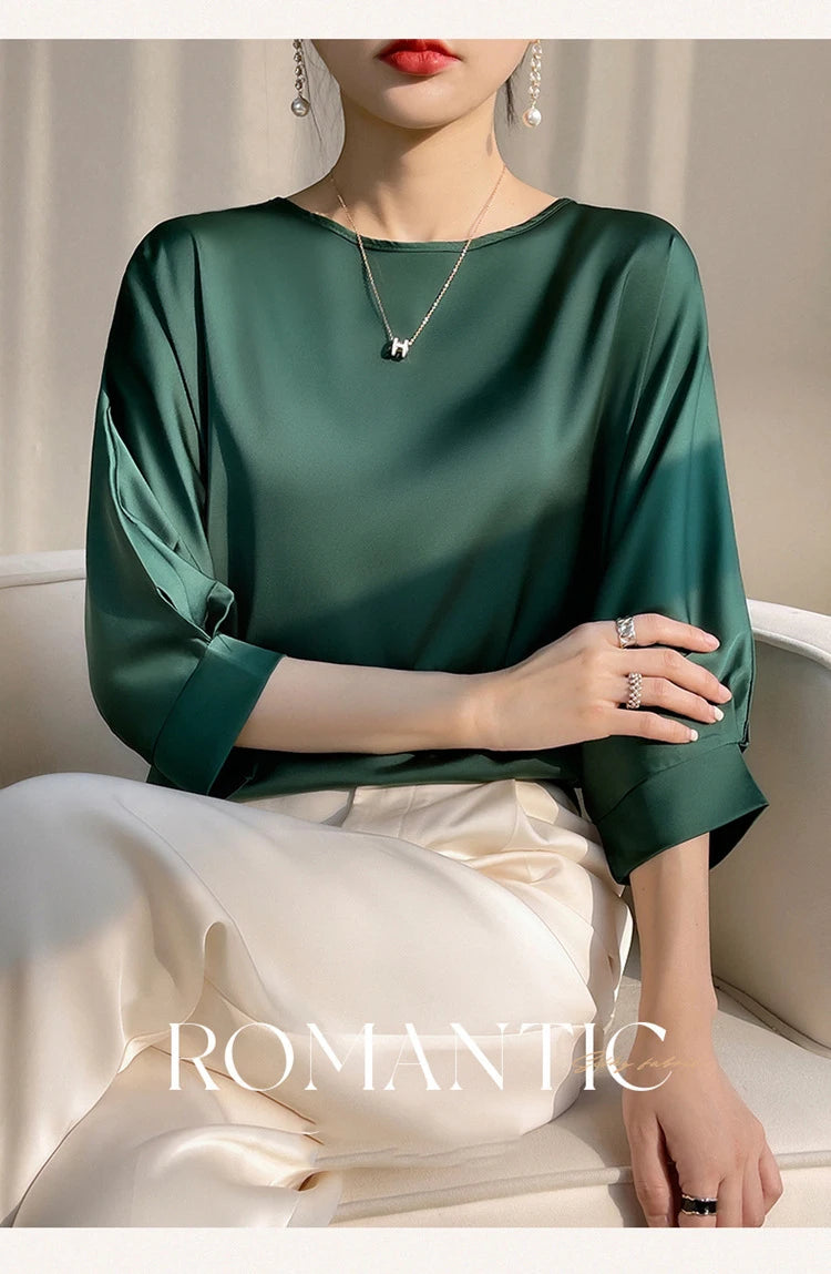 Nouveauté 2026 – T-shirt basique en satin de soie à manches courtes pour femme, col rond, coupe décontractée et légère, chemisier ample pour femme