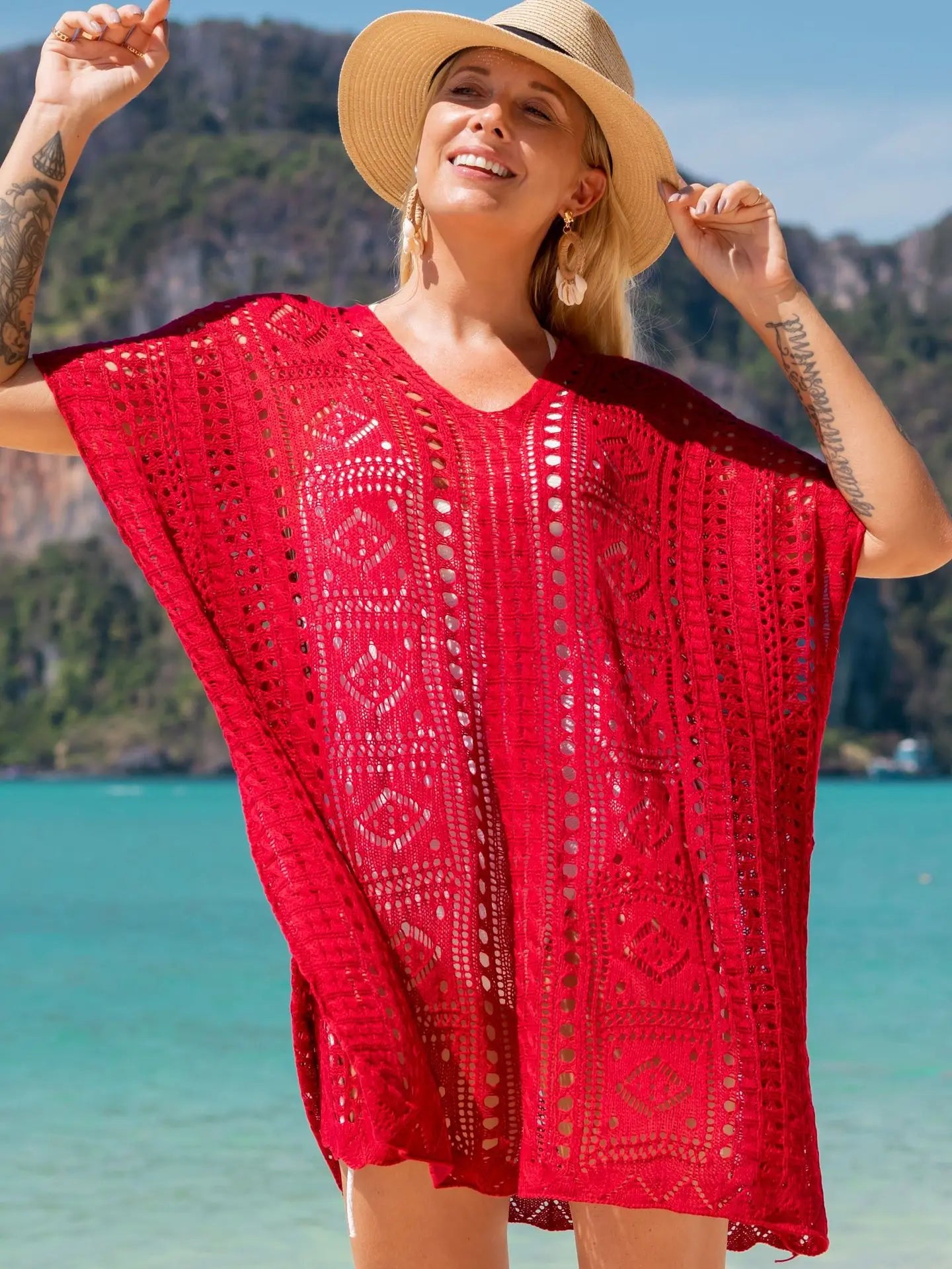 Robe tunique longue crochet blanc tricoté — plage, paréo, bikini, cache-maillot, 2025