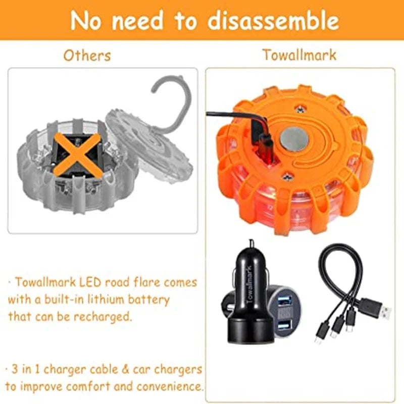 Paquet de 3 évasés de route LED clignotant voyant d'avertissement d'urgence USB Rechargeable aide Flash disque de sécurité en bord de route Base clignotante magnétique