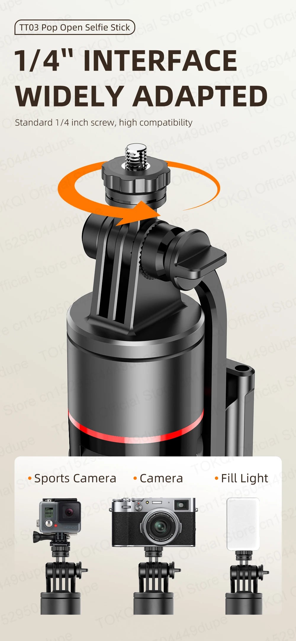 TOKQI TT03 — Perche à Selfie Extensible 1.76m Ouverture Auto Télécommande Magnétique