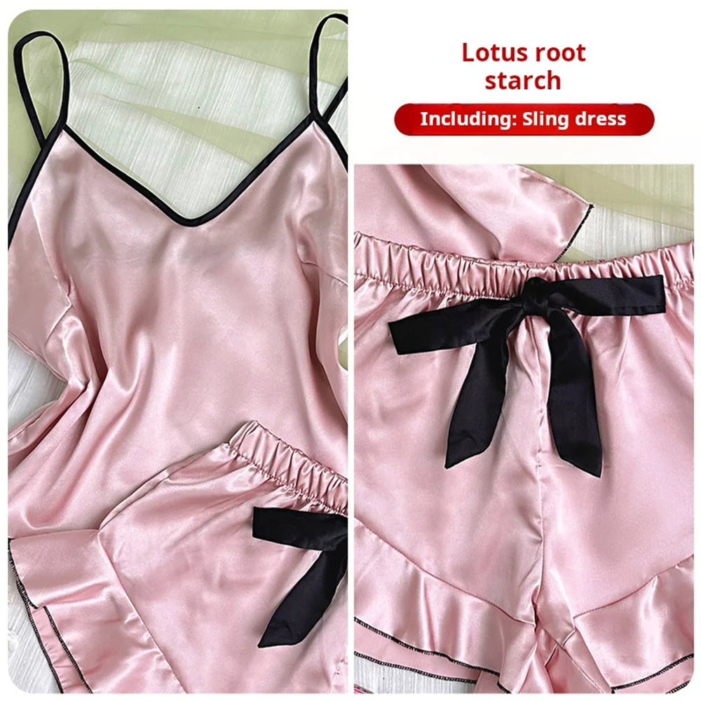 Women's Smooth Satin Pajamas, V-Neck T-Shirt, Ruffled Edges and Bow Shorts, Simple and Breathable Pajama Set, Strappy Homewear