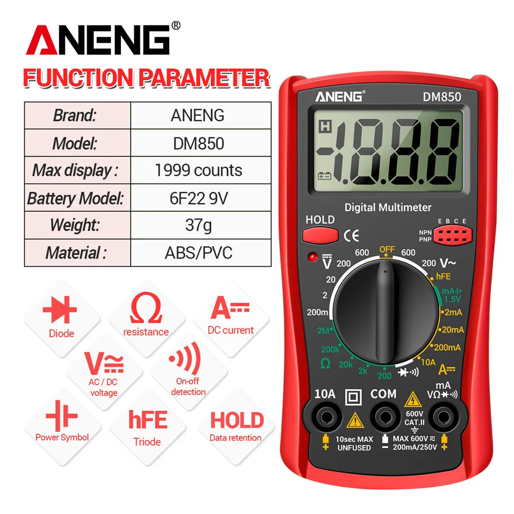 Multimètre numérique automatique professionnel — testeur tension AC/DC, ampèremètre, ohm, 1999 points