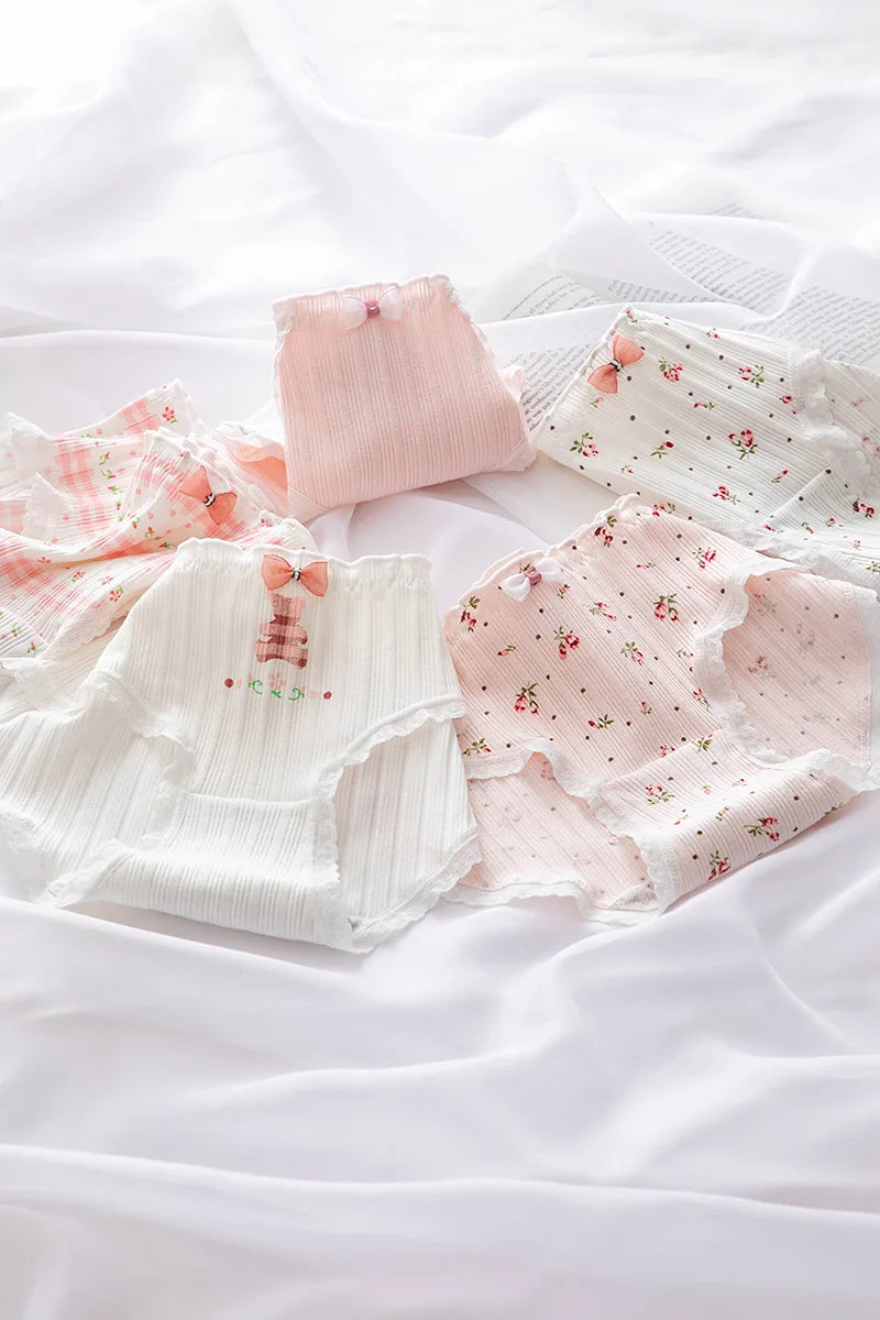 Culottes Coton Doux Nœud Dentelle Femme — Lot de 5 Pièces