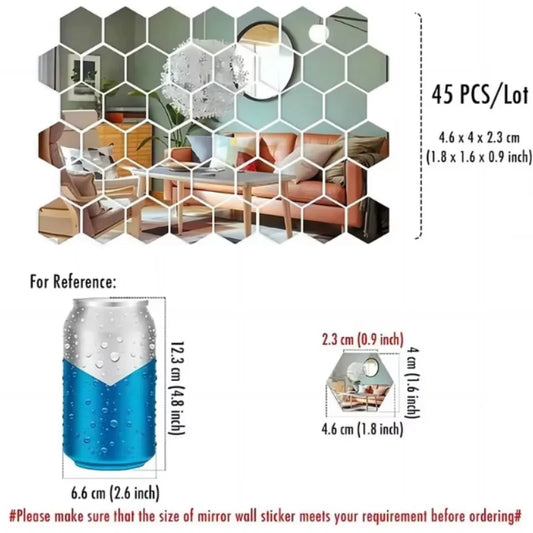 Adhesivo de pared de espejo de 45 piezas, calcomanía de arte de pared hexagonal, adhesivo de azulejo decorativo para el hogar DIY